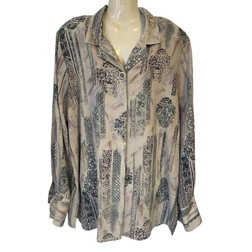 VTG Christie & Jill XL Women Button Up Long Sleeve Shirt Collared Floral Sheer